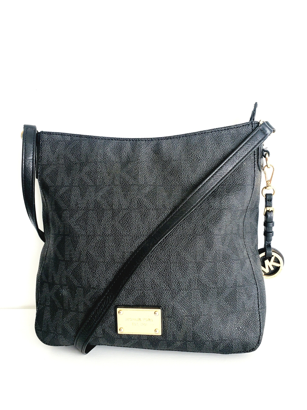 Michael Kors Black Logo-Print Crossbody Bag with Gold Hardware